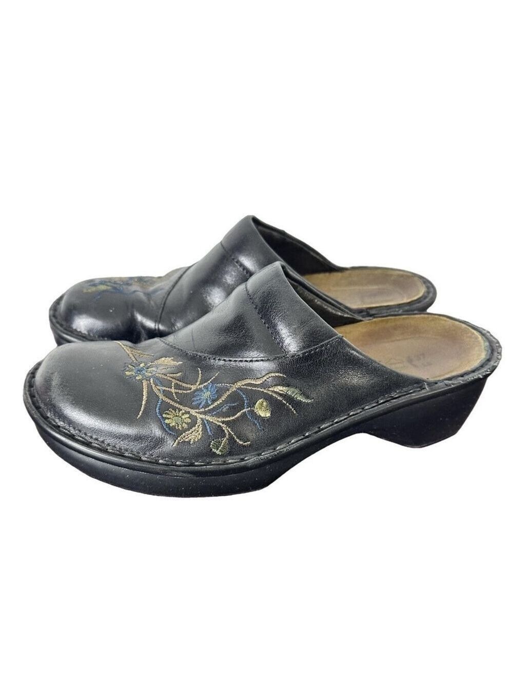 Naot Embroidered Mule Clog Shoes Women 37/6-6.5 Black Madras Cork Insole Comfort